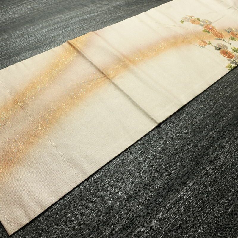 名古屋帯 螺鈿箔 太鼓柄 良品 しつけ糸付き 正絹 花柄 名古屋仕立て なごや帯 リサイクル帯 帯 箔 金彩 ベージュ_画像8