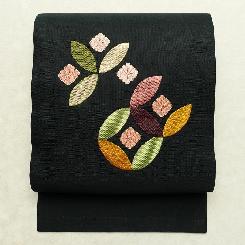 名古屋帯 太鼓柄 金駒刺繍 正絹 古典柄 名古屋仕立て なごや帯 リサイクル帯 帯 刺繍 シンプル 黒_画像1