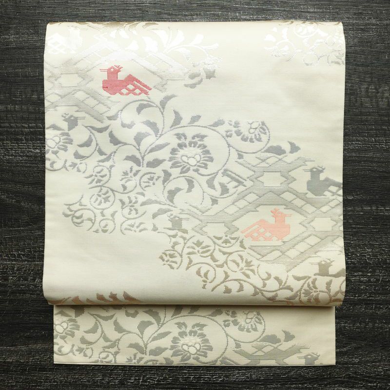 名古屋帯 六通柄 正絹 幾何学柄・抽象柄 名古屋仕立て なごや帯 リサイクル帯 帯 箔 モダン クリーム_画像1