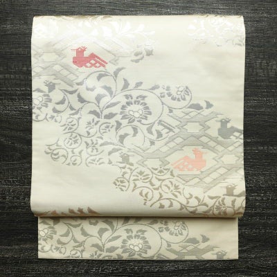 名古屋帯 六通柄 正絹 幾何学柄・抽象柄 名古屋仕立て なごや帯 リサイクル帯 帯 箔 モダン クリーム