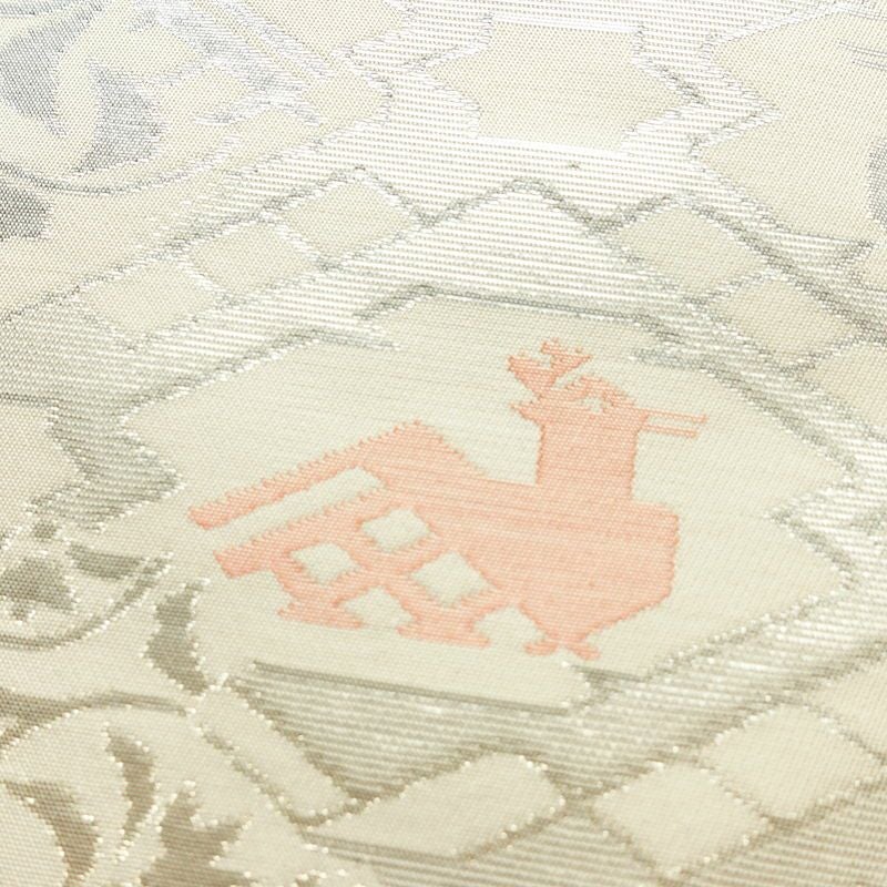 名古屋帯 六通柄 正絹 幾何学柄・抽象柄 名古屋仕立て なごや帯 リサイクル帯 帯 箔 モダン クリーム_画像3