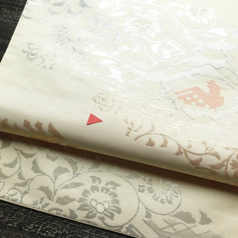 名古屋帯 六通柄 正絹 幾何学柄・抽象柄 名古屋仕立て なごや帯 リサイクル帯 帯 箔 モダン クリーム_画像6