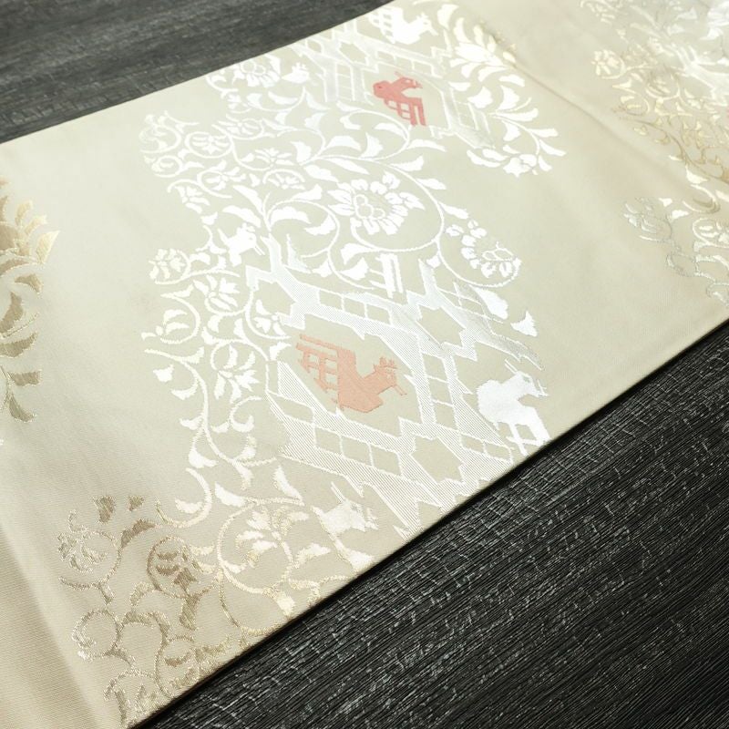 名古屋帯 六通柄 正絹 幾何学柄・抽象柄 名古屋仕立て なごや帯 リサイクル帯 帯 箔 モダン クリーム_画像12