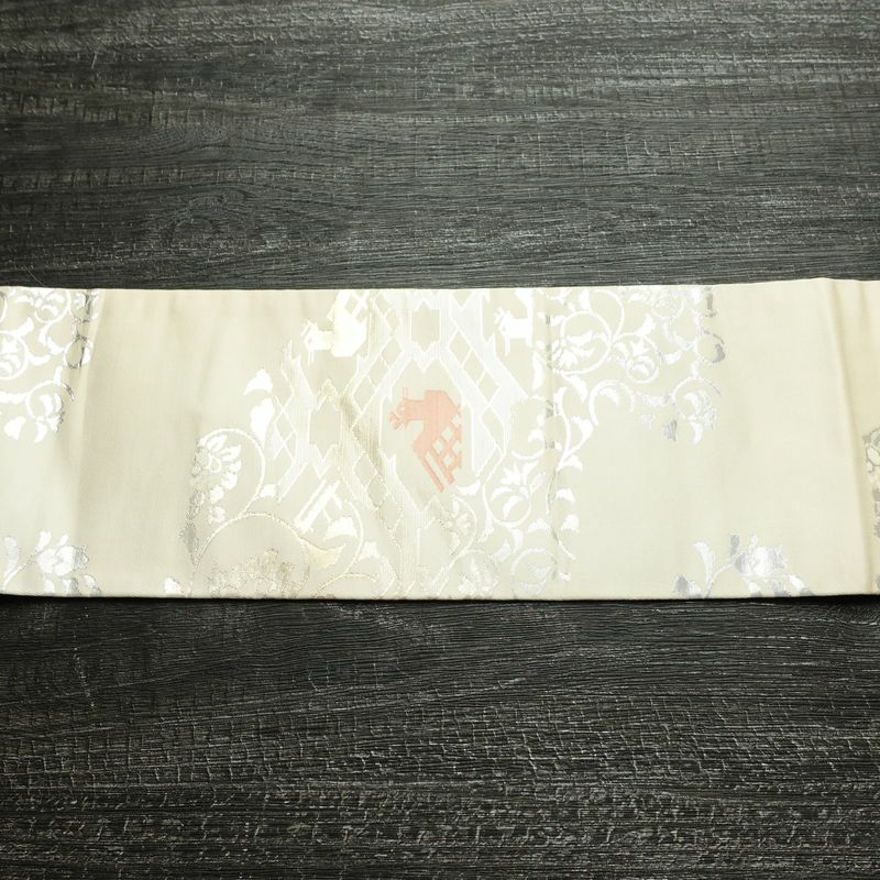 名古屋帯 六通柄 正絹 幾何学柄・抽象柄 名古屋仕立て なごや帯 リサイクル帯 帯 箔 モダン クリーム_画像15