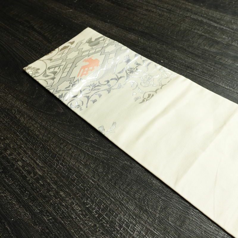 名古屋帯 六通柄 正絹 幾何学柄・抽象柄 名古屋仕立て なごや帯 リサイクル帯 帯 箔 モダン クリーム_画像16