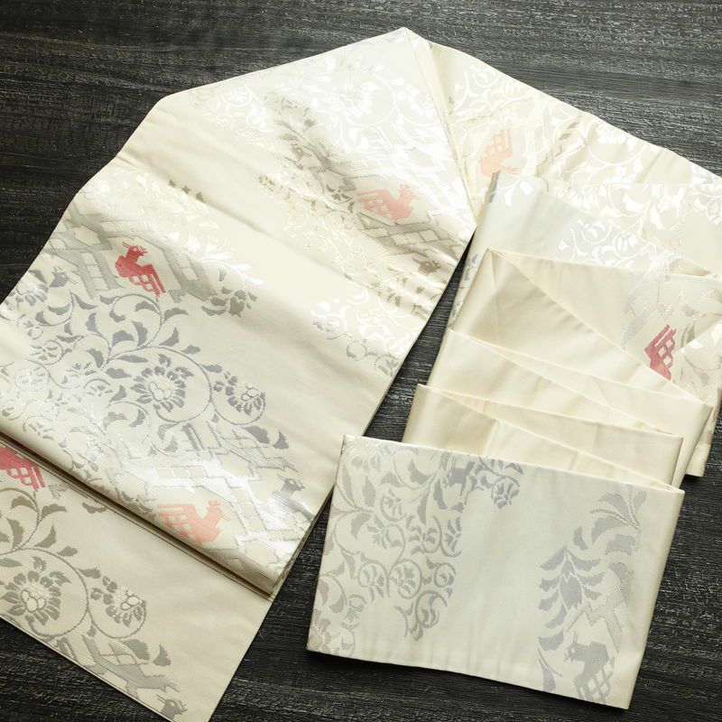 名古屋帯 六通柄 正絹 幾何学柄・抽象柄 名古屋仕立て なごや帯 リサイクル帯 帯 箔 モダン クリーム_画像17