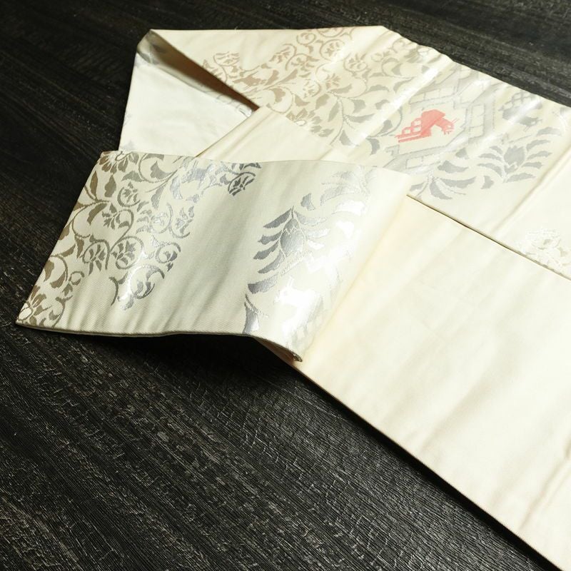 名古屋帯 六通柄 正絹 幾何学柄・抽象柄 名古屋仕立て なごや帯 リサイクル帯 帯 箔 モダン クリーム_画像21