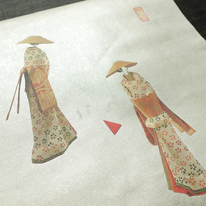 名古屋帯 太鼓柄 落款入り 正絹 人物・動物柄 名古屋仕立て なごや帯 リサイクル帯 帯 箔 緑・うぐいす色_画像5