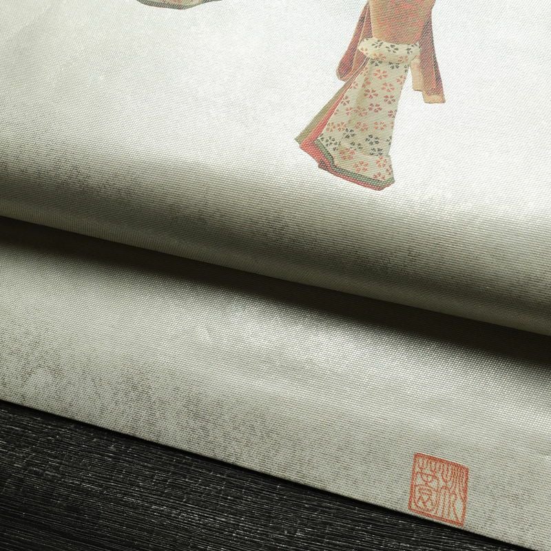 名古屋帯 太鼓柄 落款入り 正絹 人物・動物柄 名古屋仕立て なごや帯 リサイクル帯 帯 箔 緑・うぐいす色_画像8