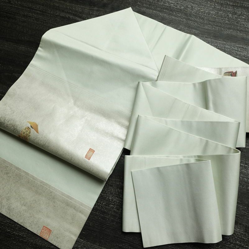 名古屋帯 太鼓柄 落款入り 正絹 人物・動物柄 名古屋仕立て なごや帯 リサイクル帯 帯 箔 緑・うぐいす色_画像19