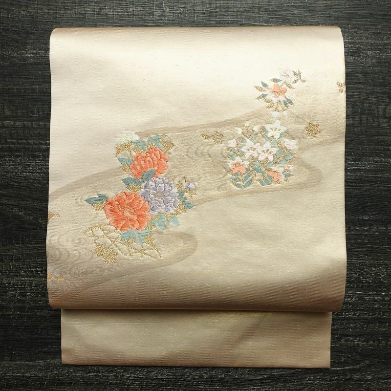 名古屋帯 太鼓柄 正絹 花柄 名古屋仕立て なごや帯 リサイクル帯 帯 箔 金糸 クリーム_画像1