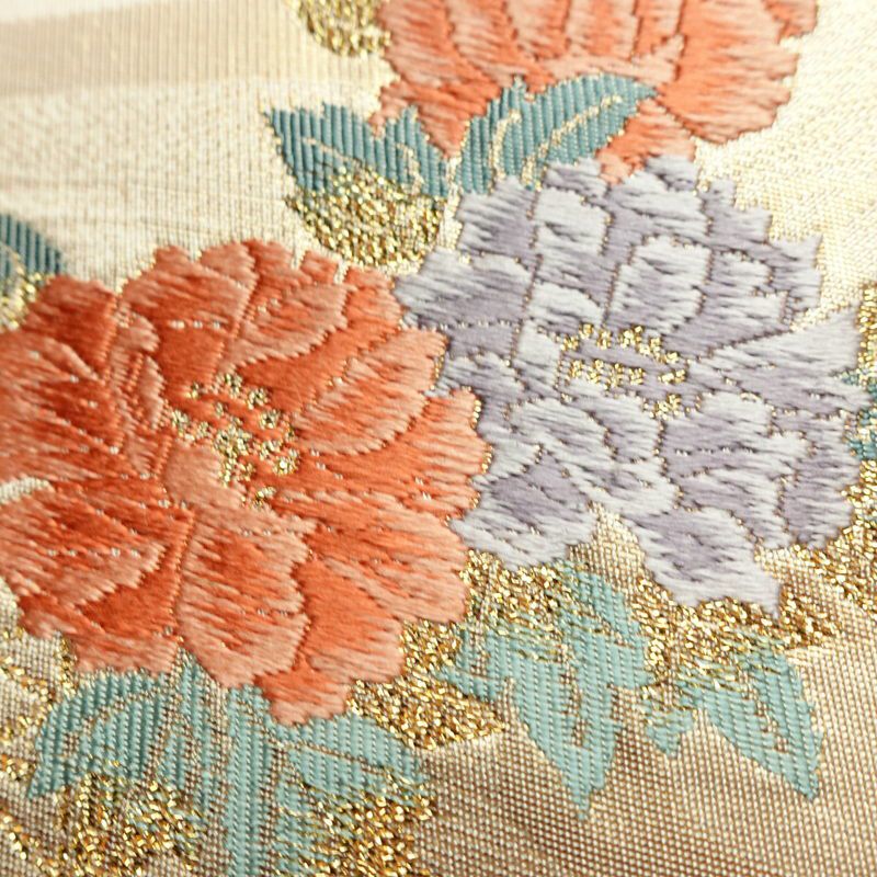 名古屋帯 太鼓柄 正絹 花柄 名古屋仕立て なごや帯 リサイクル帯 帯 箔 金糸 クリーム_画像4