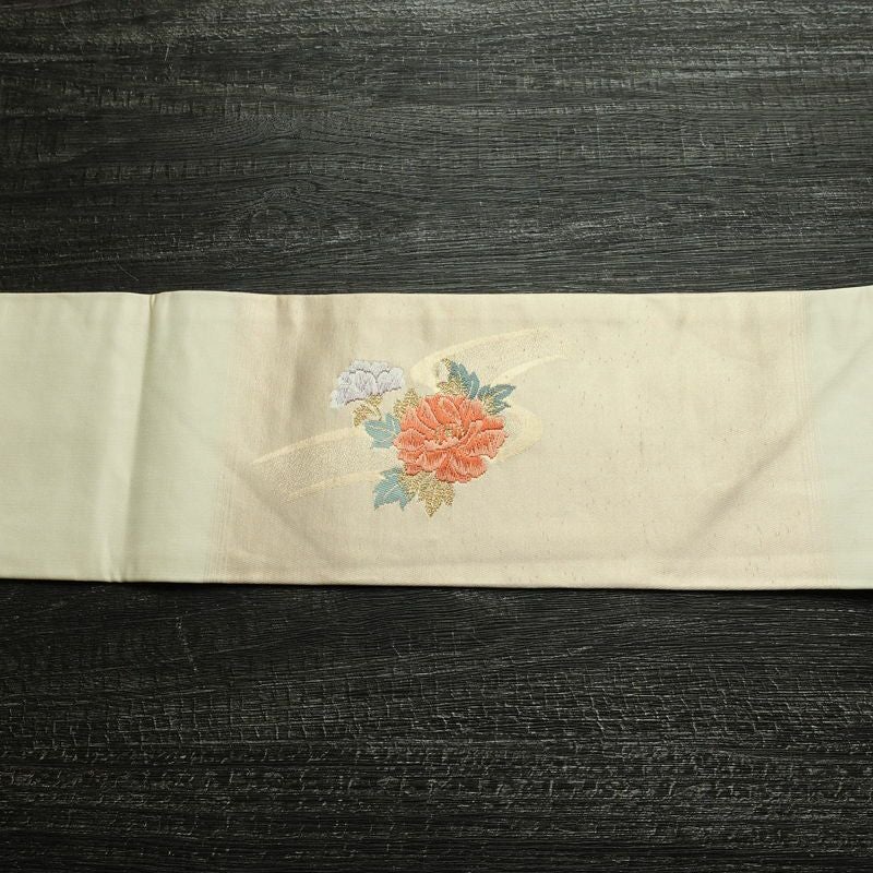 名古屋帯 太鼓柄 正絹 花柄 名古屋仕立て なごや帯 リサイクル帯 帯 箔 金糸 クリーム_画像15