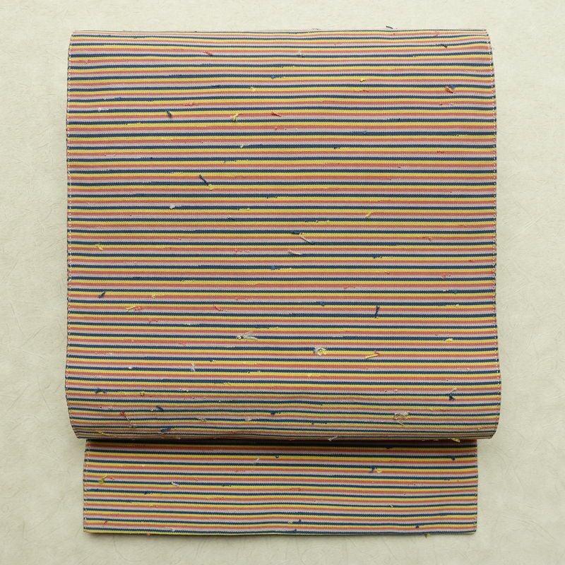 名古屋帯 髭紬 全通柄 美品 正絹 縞柄・線柄 通し仕立て なごや帯 リサイクル帯 帯 多色使い_画像1