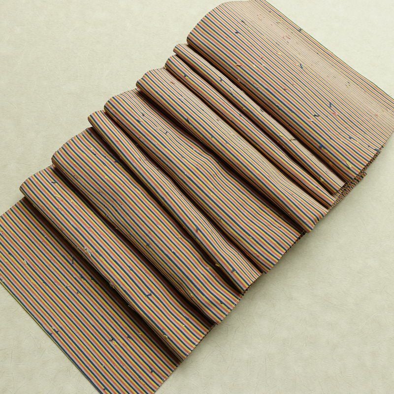 名古屋帯 髭紬 全通柄 美品 正絹 縞柄・線柄 通し仕立て なごや帯 リサイクル帯 帯 多色使い_画像16