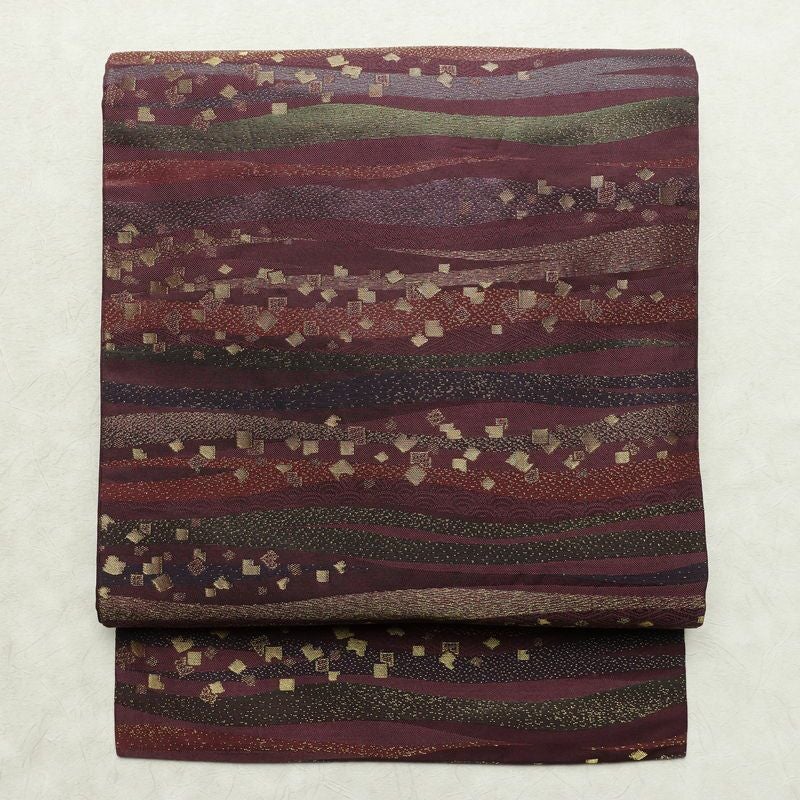 名古屋帯 六通柄 良品 正絹 縞柄・線柄 名古屋仕立て なごや帯 リサイクル帯 帯 箔 紫・藤色_画像1