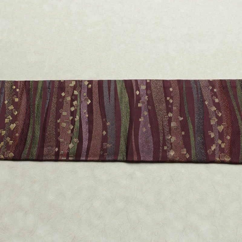 名古屋帯 六通柄 良品 正絹 縞柄・線柄 名古屋仕立て なごや帯 リサイクル帯 帯 箔 紫・藤色_画像14