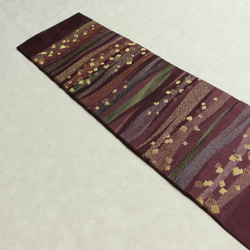 名古屋帯 六通柄 良品 正絹 縞柄・線柄 名古屋仕立て なごや帯 リサイクル帯 帯 箔 紫・藤色_画像15