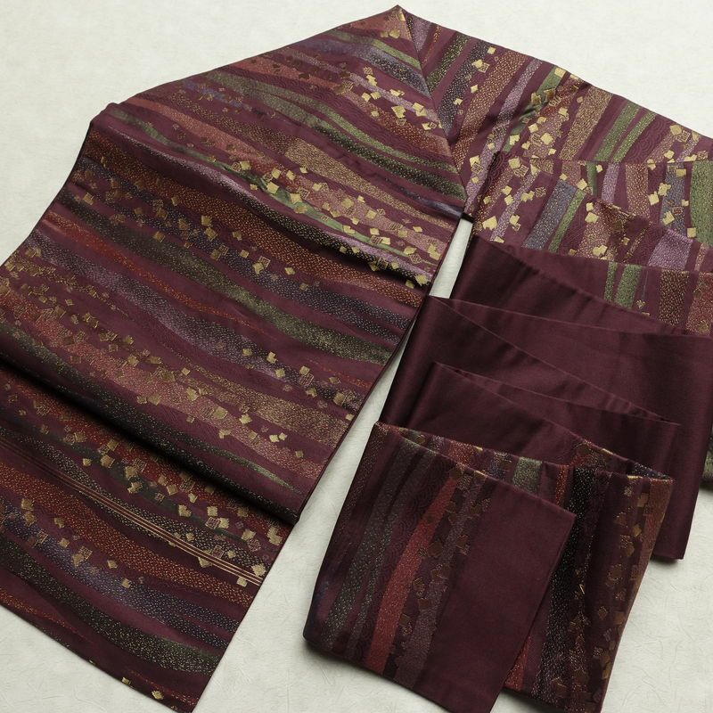 名古屋帯 六通柄 良品 正絹 縞柄・線柄 名古屋仕立て なごや帯 リサイクル帯 帯 箔 紫・藤色_画像16