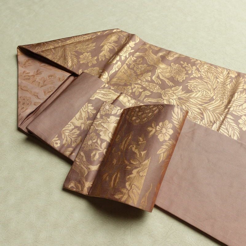 名古屋帯 六通柄 正絹 幾何学柄・抽象柄 名古屋仕立て なごや帯 リサイクル帯 帯 箔 小豆・エンジ_画像21