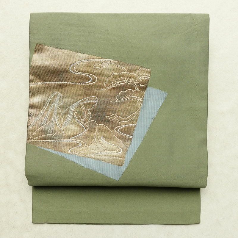 名古屋帯 太鼓柄 正絹 木の葉・植物柄 名古屋仕立て なごや帯 リサイクル帯 帯 引箔 シンプル 緑・うぐいす色_画像1