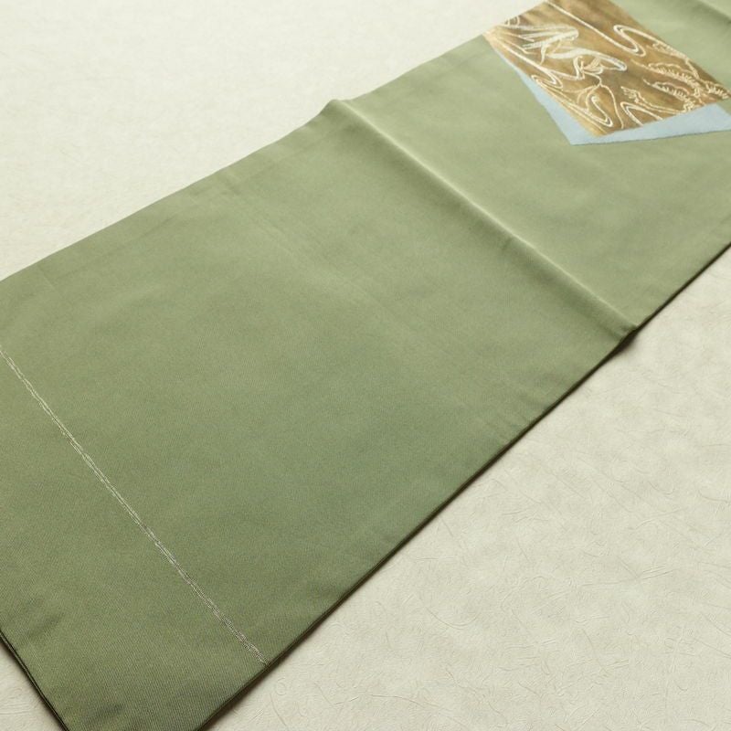 名古屋帯 太鼓柄 正絹 木の葉・植物柄 名古屋仕立て なごや帯 リサイクル帯 帯 引箔 シンプル 緑・うぐいす色_画像8