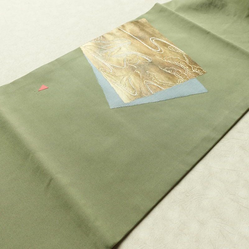 名古屋帯 太鼓柄 正絹 木の葉・植物柄 名古屋仕立て なごや帯 リサイクル帯 帯 引箔 シンプル 緑・うぐいす色_画像10