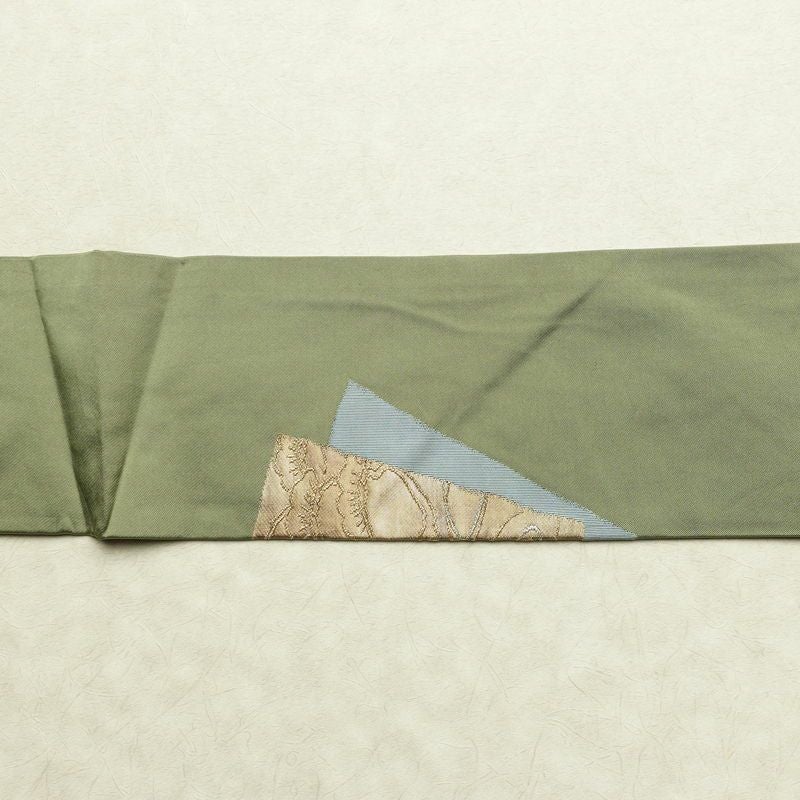 名古屋帯 太鼓柄 正絹 木の葉・植物柄 名古屋仕立て なごや帯 リサイクル帯 帯 引箔 シンプル 緑・うぐいす色_画像15