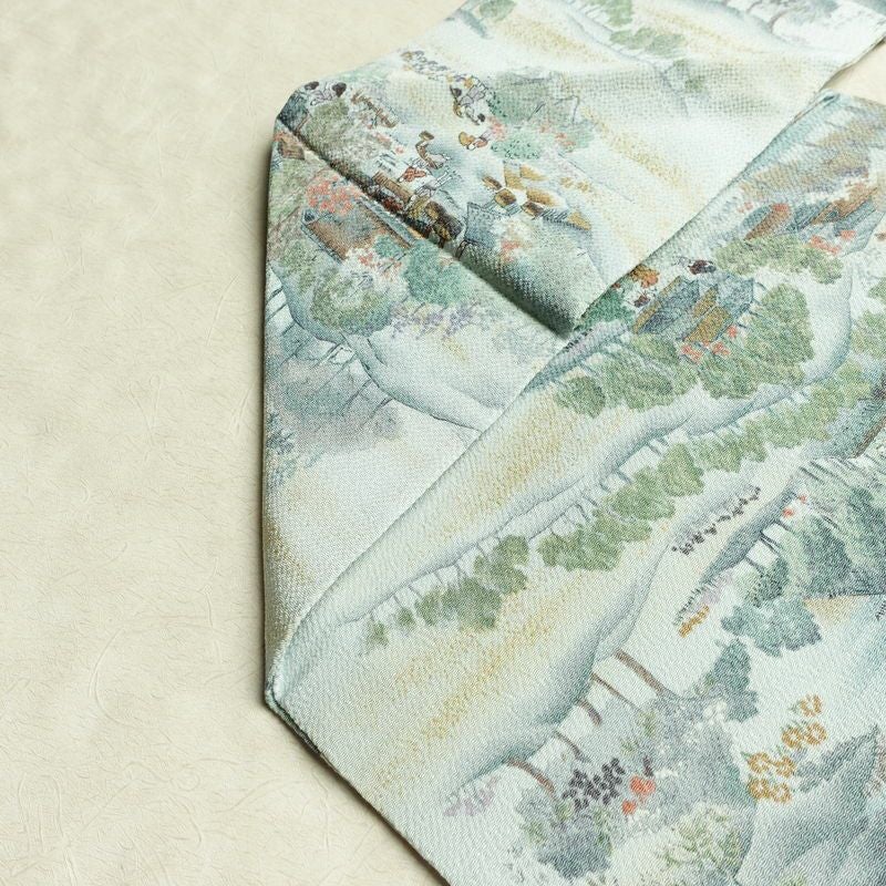 名古屋帯 金彩 全通柄 美品 縮緬 正絹 風景柄 名古屋仕立て なごや帯 リサイクル帯 帯 青・紺_画像19