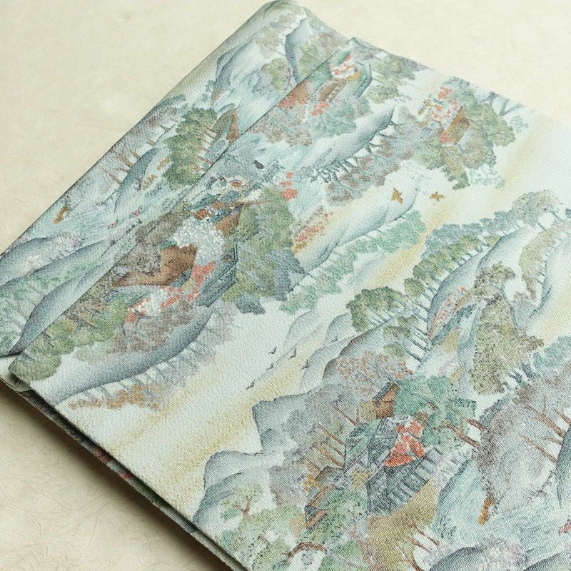 名古屋帯 金彩 全通柄 美品 縮緬 正絹 風景柄 名古屋仕立て なごや帯 リサイクル帯 帯 青・紺_画像21