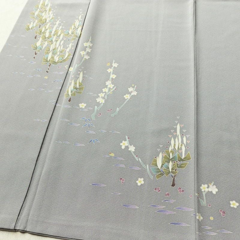 色留袖 落款入り 縮緬 正絹 幾何学柄・抽象柄 袷仕立て 身丈157.5cm 裄丈63.5cm リサイクル着物 着物 共八掛 シンプル グレー_画像4