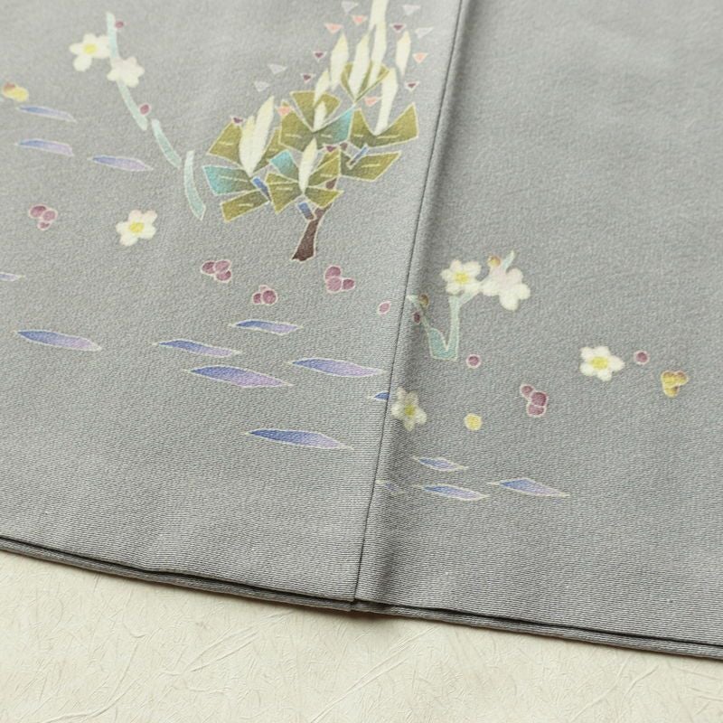 色留袖 落款入り 縮緬 正絹 幾何学柄・抽象柄 袷仕立て 身丈157.5cm 裄丈63.5cm リサイクル着物 着物 共八掛 シンプル グレー_画像11
