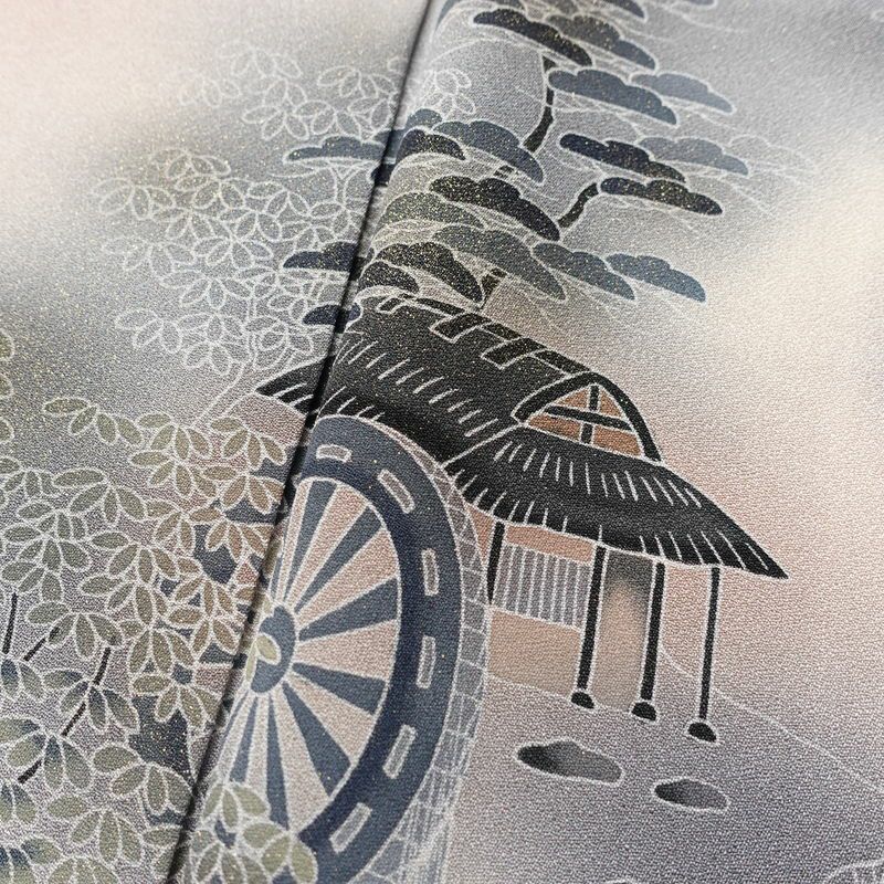 付け下げ 良品 しつけ糸付き 正絹 風景柄 袷仕立て 身丈166.5cm 裄丈66cm リサイクル着物 着物 箔 入学式 卒業式 七五三 お宮参り フォーマル 紫・藤色_画像7