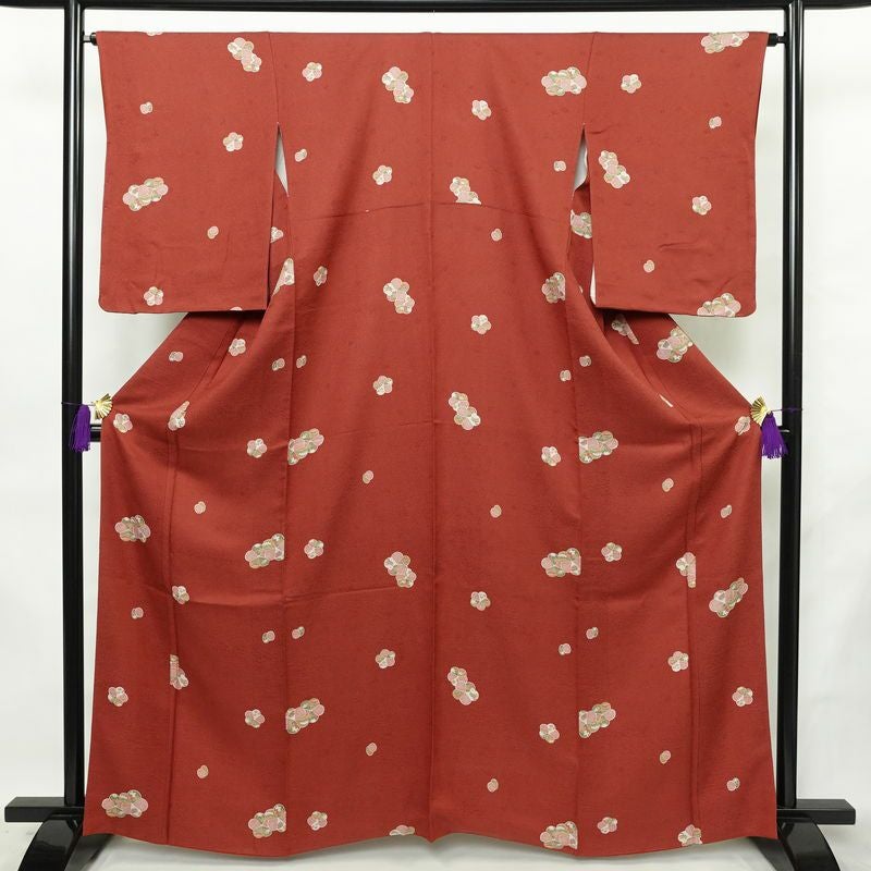 小紋 丹後ちりめん 嵯峨野 縮緬 飛び柄 正絹 花柄 袷仕立て 身丈163.5cm 裄丈65cm リサイクル着物 着物 モダン 小豆・エンジ_画像1
