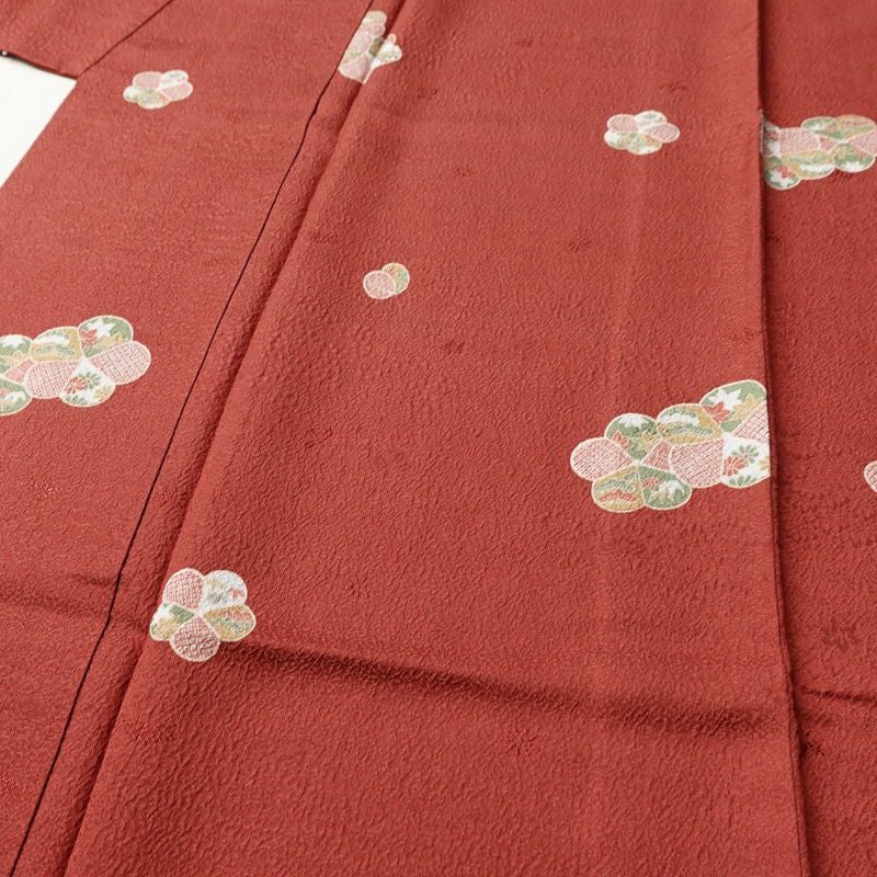 小紋 丹後ちりめん 嵯峨野 縮緬 飛び柄 正絹 花柄 袷仕立て 身丈163.5cm 裄丈65cm リサイクル着物 着物 モダン 小豆・エンジ_画像5