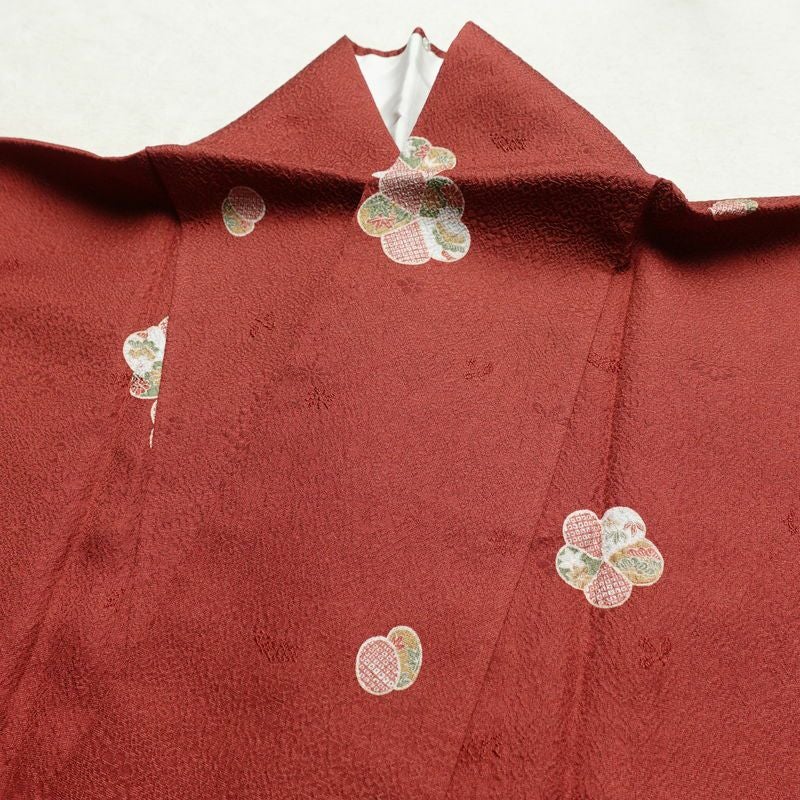 小紋 丹後ちりめん 嵯峨野 縮緬 飛び柄 正絹 花柄 袷仕立て 身丈163.5cm 裄丈65cm リサイクル着物 着物 モダン 小豆・エンジ_画像16