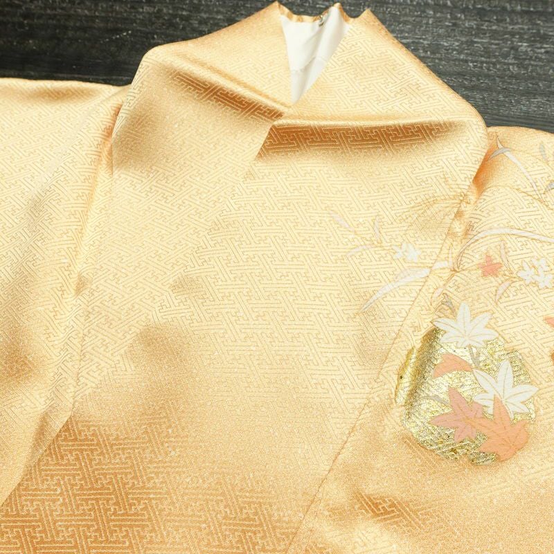 訪問着 良品 しつけ糸付き 綸子 正絹 木の葉・植物柄 袷仕立て 身丈163cm 裄丈67.5cm リサイクル着物 着物 箔 金彩 入学式 卒業式 七五三 お宮参り フォーマル 橙_画像17