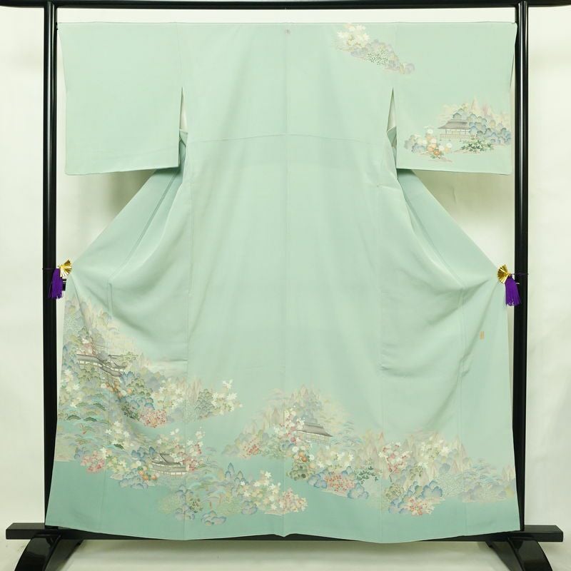 訪問着 良品 落款入り 縮緬 一つ紋付き 正絹 風景柄 袷仕立て 身丈