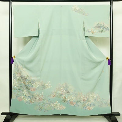 訪問着 良品 落款入り 縮緬 一つ紋付き 正絹 風景柄 袷仕立て 身丈158cm 裄丈67cm リサイクル着物 着物 共八掛 入学式 卒業式 七五三 お宮参り フォーマル 上品 緑・うぐいす色