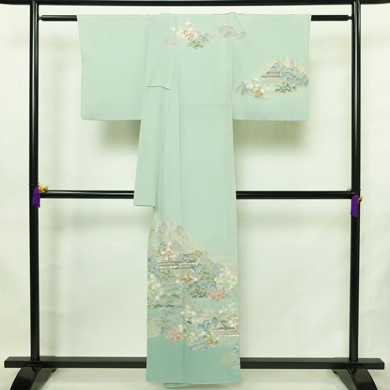 訪問着 良品 落款入り 縮緬 一つ紋付き 正絹 風景柄 袷仕立て 身丈158cm 裄丈67cm リサイクル着物 着物 共八掛 入学式 卒業式 七五三 お宮参り フォーマル 上品 緑・うぐいす色_画像2