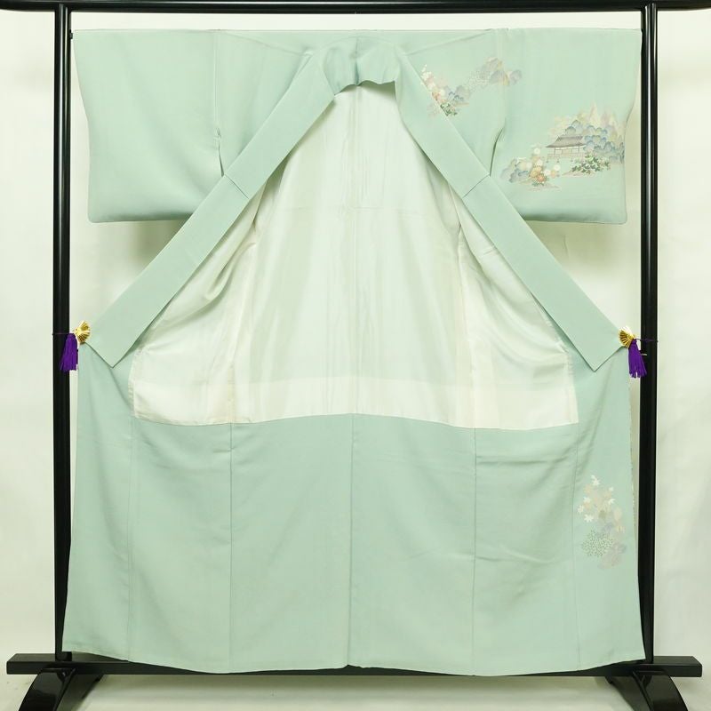 訪問着 良品 落款入り 縮緬 一つ紋付き 正絹 風景柄 袷仕立て 身丈158cm 裄丈67cm リサイクル着物 着物 共八掛 入学式 卒業式 七五三 お宮参り フォーマル 上品 緑・うぐいす色_画像3