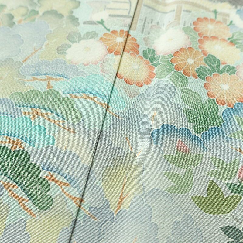 訪問着 良品 落款入り 縮緬 一つ紋付き 正絹 風景柄 袷仕立て 身丈158cm 裄丈67cm リサイクル着物 着物 共八掛 入学式 卒業式 七五三 お宮参り フォーマル 上品 緑・うぐいす色_画像11