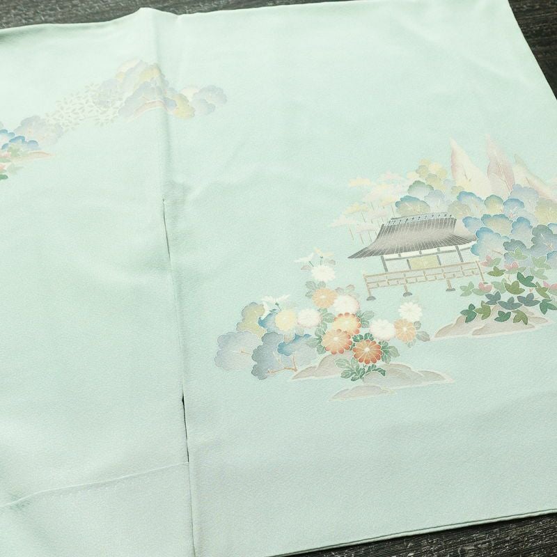 訪問着 良品 落款入り 縮緬 一つ紋付き 正絹 風景柄 袷仕立て 身丈158cm 裄丈67cm リサイクル着物 着物 共八掛 入学式 卒業式 七五三 お宮参り フォーマル 上品 緑・うぐいす色_画像15