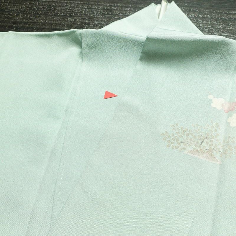 訪問着 良品 落款入り 縮緬 一つ紋付き 正絹 風景柄 袷仕立て 身丈158cm 裄丈67cm リサイクル着物 着物 共八掛 入学式 卒業式 七五三 お宮参り フォーマル 上品 緑・うぐいす色_画像18