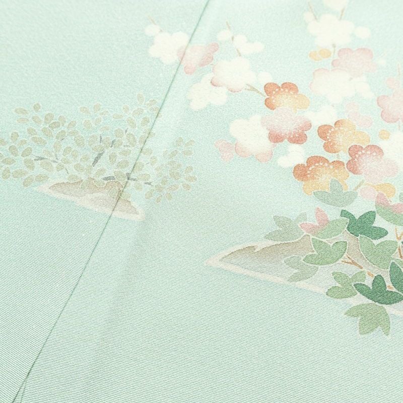 訪問着 良品 落款入り 縮緬 一つ紋付き 正絹 風景柄 袷仕立て 身丈158cm 裄丈67cm リサイクル着物 着物 共八掛 入学式 卒業式 七五三 お宮参り フォーマル 上品 緑・うぐいす色_画像19