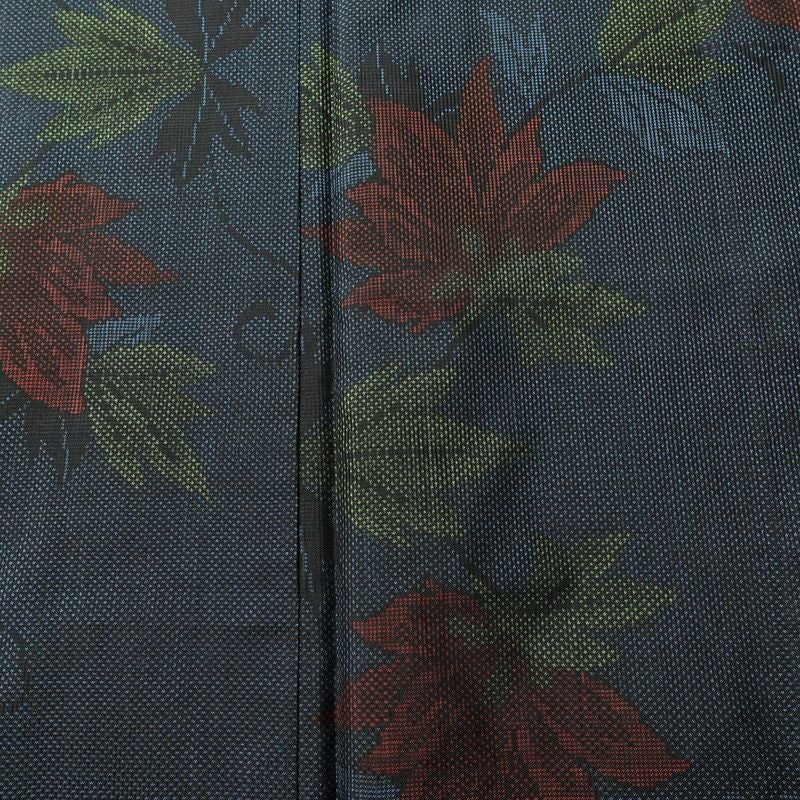 大島紬 良品 証紙なし しつけ糸付き 正絹 木の葉・植物柄 袷仕立て 身丈158.5cm 裄丈64.5cm リサイクル着物 着物 青・紺_画像6