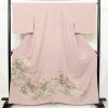 色留袖 美品 落款入り 縮緬 三つ紋付き 正絹 風景柄 袷仕立て 身丈163.5cm 裄丈66.5cm リサイクル着物 一部しつけ糸付き 着物 結婚式 パーティー フォーマル 松 ピンク_画像1