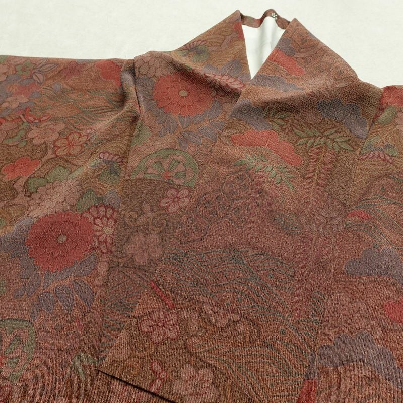 小紋 縮緬 正絹 古典柄 袷仕立て 身丈151.5cm 裄丈64cm リサイクル着物 着物 茶_画像17