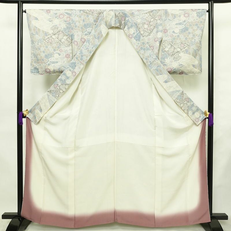 小紋 良品 しつけ糸付き 正絹 古典柄 袷仕立て 身丈162.5cm 裄丈65.5cm リサイクル着物 着物 青・紺_画像3