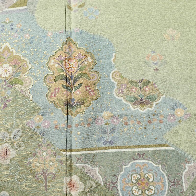 訪問着 落款入り 絞り 金駒刺繍 正絹 花柄 袷仕立て 身丈159.5cm 裄丈63.5cm リサイクル着物 着物 箔 金彩 入学式 卒業式 七五三 お宮参り フォーマル 緑・うぐいす色_画像6